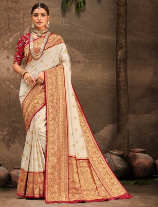 Gorgeous cream banarasi silk wedding zari weaved saree