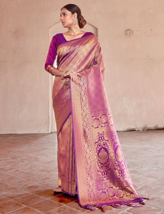 Grand purple kanjivaram silk saree for wedding functions