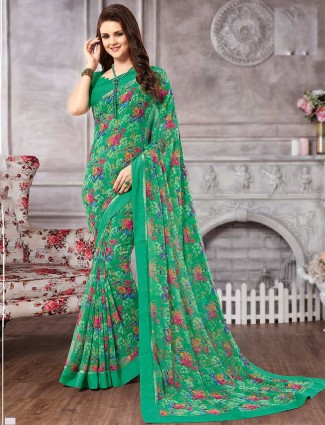 Greatest green festive events printed georgette saree
