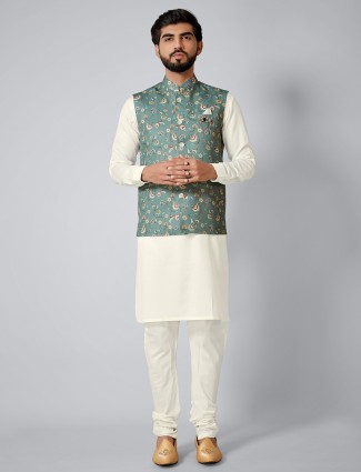 Green and off white printed waistcoat set for mens