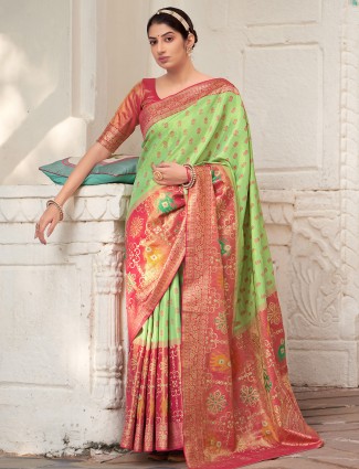 Green and pink color attractive patola silk wedding events saree
