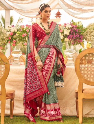 Green and red printed silk saree