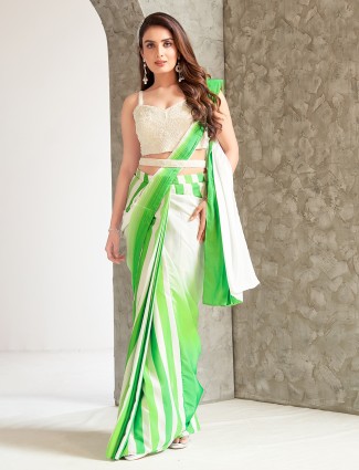 Green and white pre-stitched saree