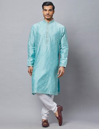 Blue color cotton silk kurta suit for festive wear