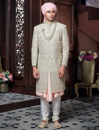 Green color wedding wear raw silk sherwani for mens