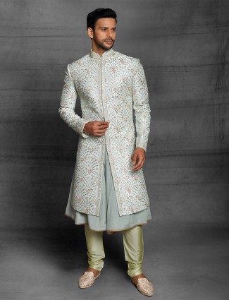 Green color wedding wear sherwani in silk fabric