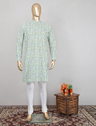 Green cotton festive wear kurta set for men