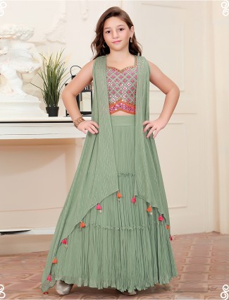 Green hued designer lehenga choli for girls in georgette