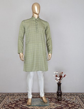 Green hued printed cotton kurta suit for mens