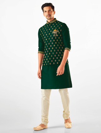 Green hued raw silk waistcoat set for mens
