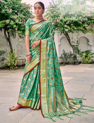 Green linen saree for wedding event functions