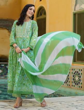 Green printed cotton festive wear salwar suit