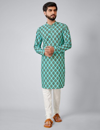 Green printed cotton silk kurta set