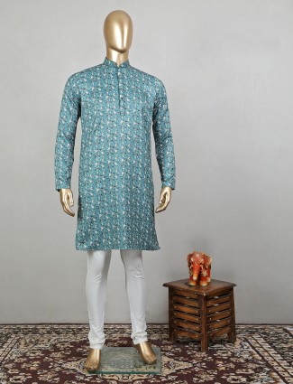 Green printed cotton silk kurta suit for mens