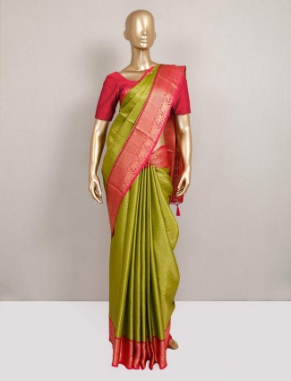 Green semi silk saree with zari touch