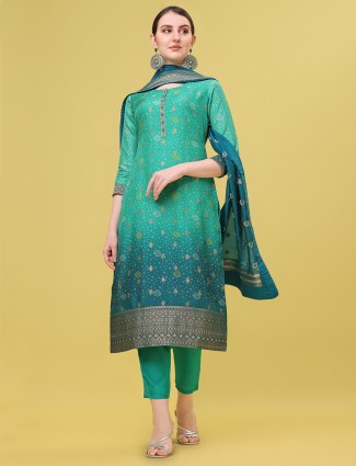 Green shaded silk printed salwar suit for festive