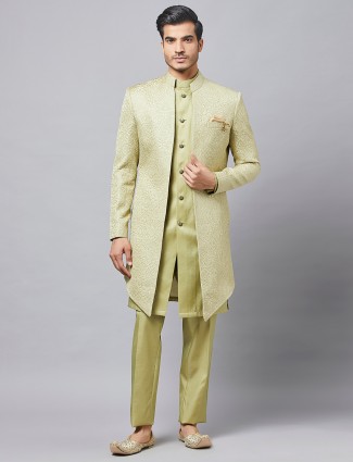 Green silk indo western for wedding for mens
