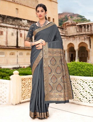Grey amazing color silk wedding saree