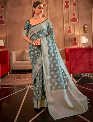Grey attractive pashmina silk wedding ceremonies saree