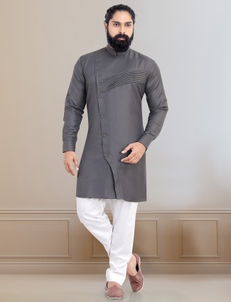 Grey cotton kurta set for men