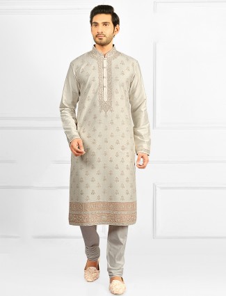 Grey cotton silk kurta pyjama with thread details