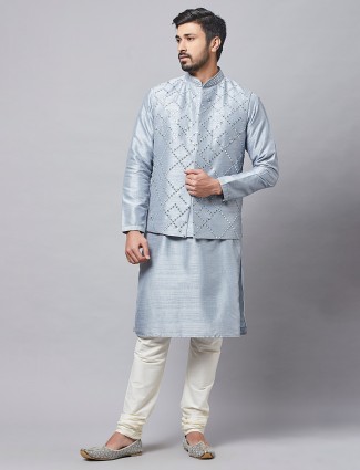 Grey festive wear waistcoat set in raw silk
