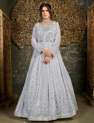Grey georgette floor length gown for wedding sessions