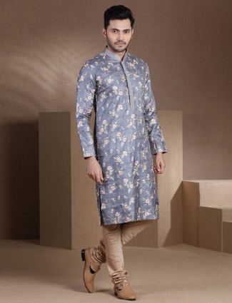 Grey heavy embroidered festive wear pure cotton silk kurta suit