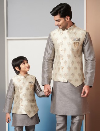 Grey printed father-son waistcoat set in raw silk