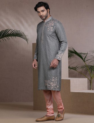 Grey pure raw silk kurta pajama for festive