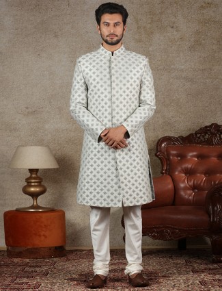 Grey raw silk fabric sherwani for wedding
