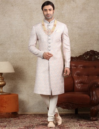 Grey silk fabric sherwani for wedding occasions