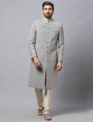 Grey silk fabric sherwani for wedding special