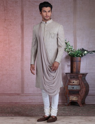 Grey silk thread worked wedding sherwani