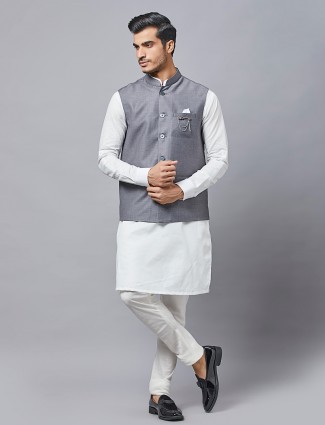 Grey solid cotton waistcoat set for mens