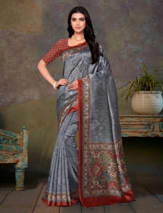 Grey tussar silk printed saree for wedding events
