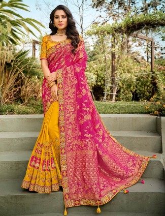 Half and half yellow and pink wedding wear saree