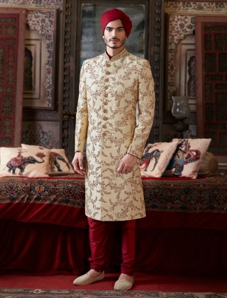 Heavy designer groom indowestern in beige for wedding