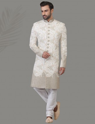 Heavy embroidered white silk sherwani