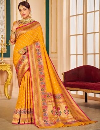Honey yellow extravagant banarasi silk saree for wedding look