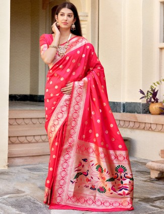 Hot pink attirable designer wedding wear banarasi silk saree