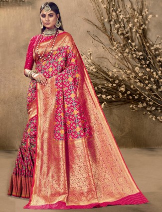 Hot pink patola silk designer saree for wedding ceremony