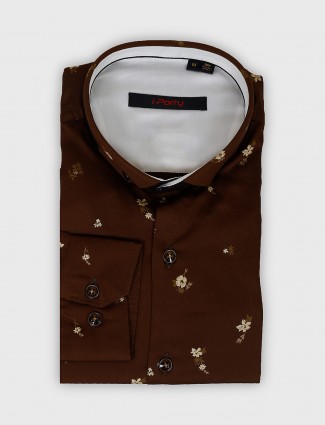 I Party printed brown party wear shirt