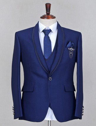 Impressive blue textured terry rayon coat suit for mens