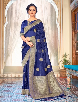 Ink blue alluring wedding look saree in tissue silk