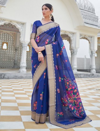 Ink blue linen saree with minakari details for wedding