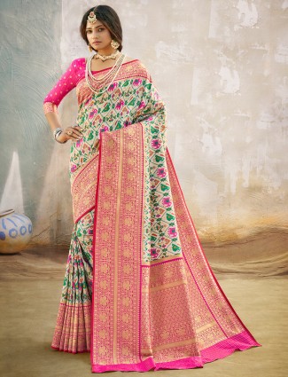 Innovative off-white wedding functions saree for women