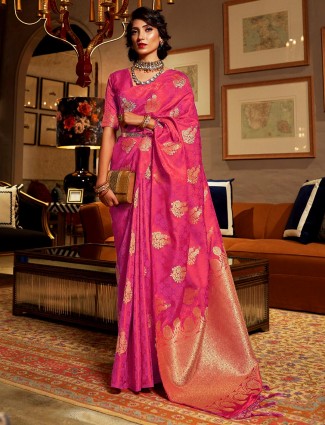 Jacquard silk wedding saree design in pink