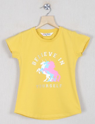 Just clothes honey yellow casual wear printed t-shirt