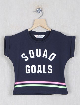 Just clothes navy printed cotton t-shirt for girls